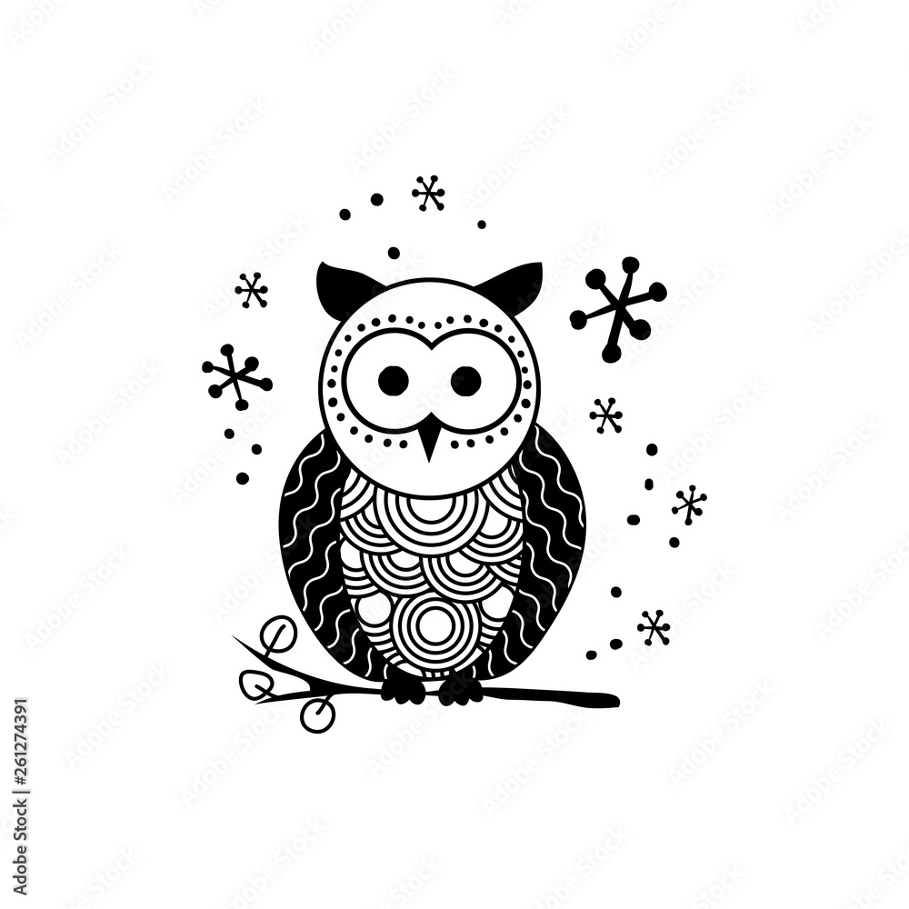 Stylized owl silhouette vector illustration. Night bird black and white ...