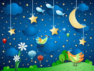 Canvas Print - Surreal night with flower, birds, balloons and flying fishes