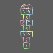 Hopscotch With Sun.childrens Game Drawn With Colored Chalks.playground With Numbers.isolated Vector Illustration.