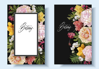 Vector vintage floral banners with garden roses, peonies and tropical leaves on black. Romantic design for natural cosmetics, perfume, women products. Can be used as greeting card, wedding invitation