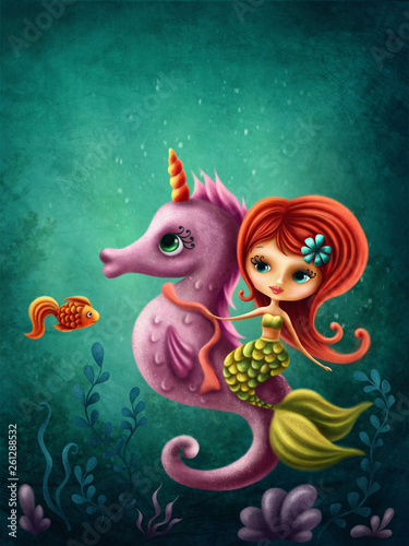 Fotografía Cute mermaid with a seahorse