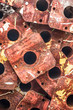 Pile of scrap rusty grunge metal plates covered in rust
