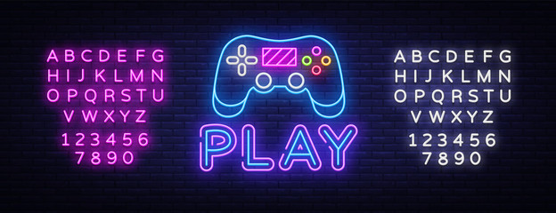 Wall Mural - Gaming neon sign vector. Play Design template neon sign, light banner, neon signboard, nightly bright advertising, light inscription. Vector illustration. Editing text neon sign