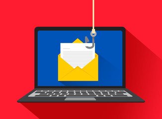 Poster - Data phishing, hacking online scam on computer laptop concept. Fishing by email, envelope and fishing hook. Vector illustration