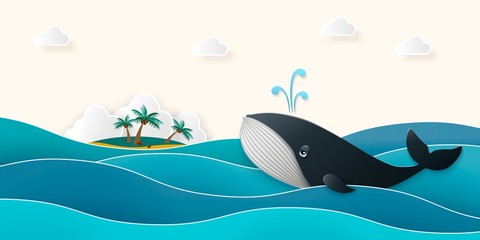 Blue whale swims on the sea past a tropical island with palm trees. Marine animal, waves in paper cut style. Vector illustration