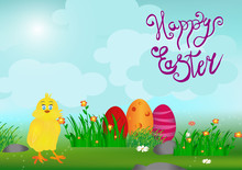 Happy Easter Holiday Illustration With Cute Chicken Cartoon Characters. Happy Easter Lettering. Vector Illustration.