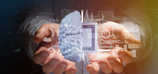 Poster - Business man holding artificial intelligence icon with half brain and half circuit 3d rendering