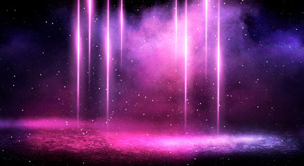 Wall Mural - ultraviolet background of empty foggy street with wet asphalt, illuminated by a searchlight, laser b
