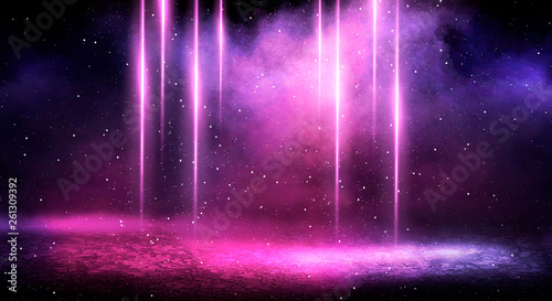 Photographie Ultraviolet background of empty foggy street with wet asphalt, illuminated by a