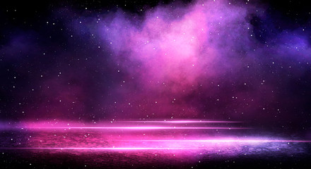 Wall Mural - ultraviolet background of empty foggy street with wet asphalt, illuminated by a searchlight, laser b
