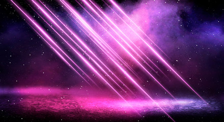 ultraviolet background of empty foggy street with wet asphalt, illuminated by a searchlight, laser b