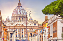 Vatican City (Holy See). Dome Of St. Peters Basil Cathedral At Saint Peters Square. Evening Sunset And Sunny Light. Summer, Italy.