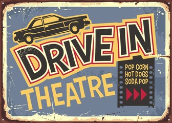 Wall Mural - Drive in theater vintage sign design. Open air cinema retro poster with funky typography and car graphic. Vector movie and film illustration.