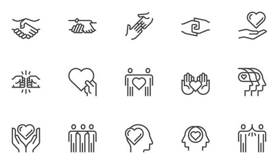 Friendship and Love Vector Line Icons Set. Relationship, Mutual Understanding, Mutual Assistance, Interaction. Editable Stroke. 48x48 Pixel Perfect.