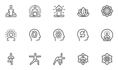 meditation practice and yoga vector line icons set. relaxation, inner peace, self-knowledge, inner c