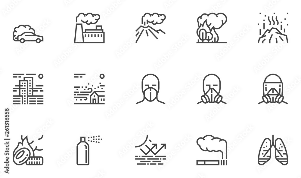 Air Pollution Vector Line Icons Set. Atmospheric Pollution. Natural ...