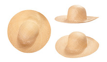 Pretty Straw Hat With Ribbon And Bow On White Background. Beach Hat Top View Isolated
