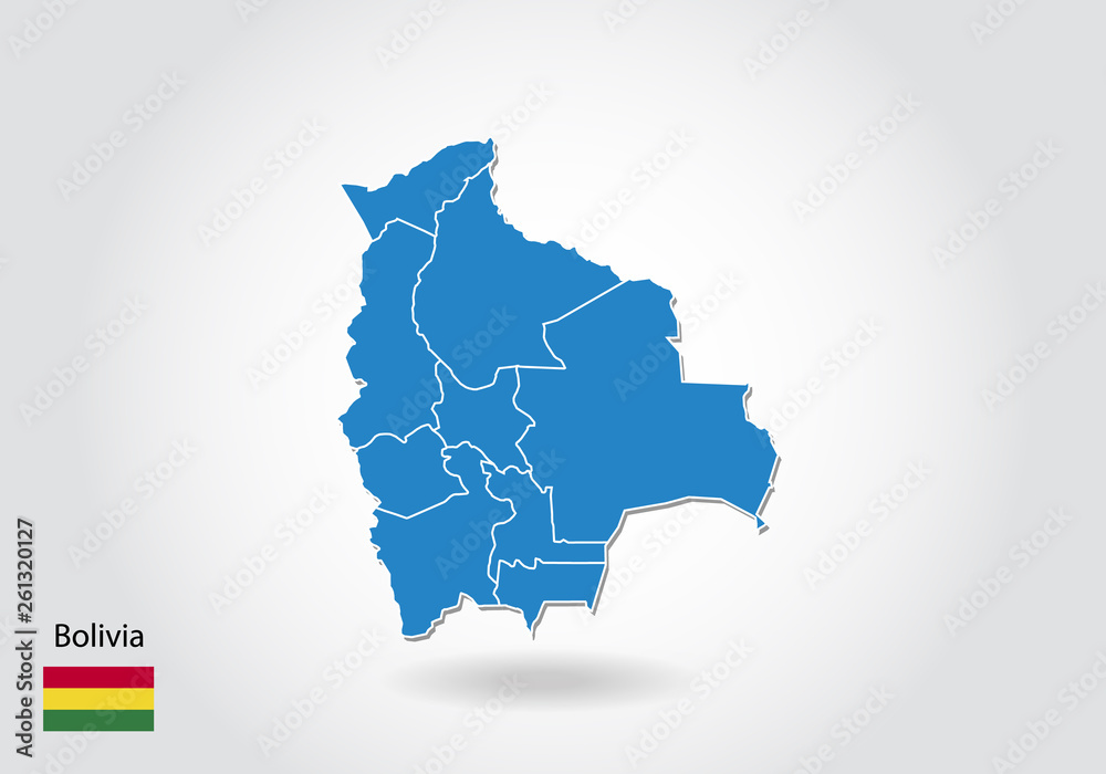 bolivia map design with 3D style. Blue bolivia map and National flag ...