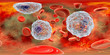 360-degree spherical panorama of blood with eosinophilia showing multiple eosinophils surrounded by red blood cells, 3D illustration