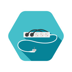 Hexagon icon of modern five socket electric extension cord type F with two plug connected on the turquoise background with shadow.