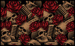 Seamless pattern with skulls, microphones and roses