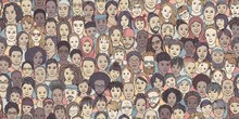 Diverse Crowd Of People: Kids, Teens, Adults And Seniors - Seamless Banner Of Hand Drawn Faces Of Various Age Groups And Ethnicities