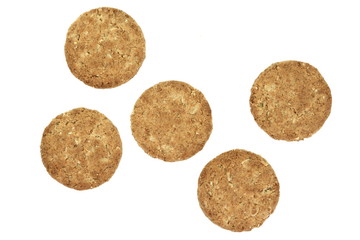 Wall Mural - Round whole wheat biscuit, cookie with raisins isolated on white background. Biscuits with whole-wheat (wholemeal) flour isolated on white background 