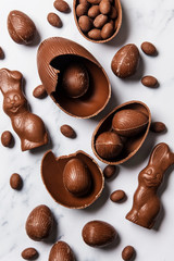 Wall Mural - Chocolate easter eggs and bunnies on a marble background