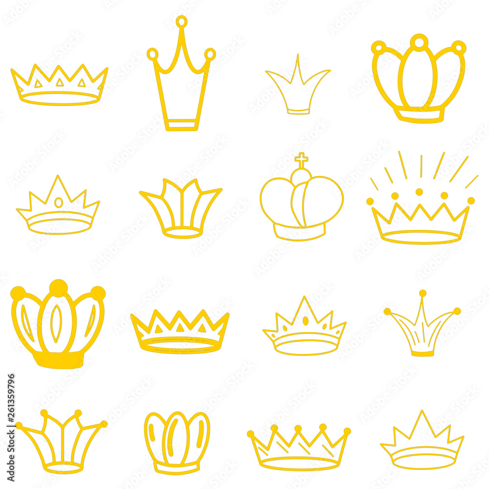 Sketch Crown. Big Set Crowns. Elegant queen royal tiara, king crown  isolated white background. Collection vector crowns illustration in yellow,  gold color. Princess decoration element. Bridal jewelry Stock Vector |  Adobe Stock, image size:1000x1000
