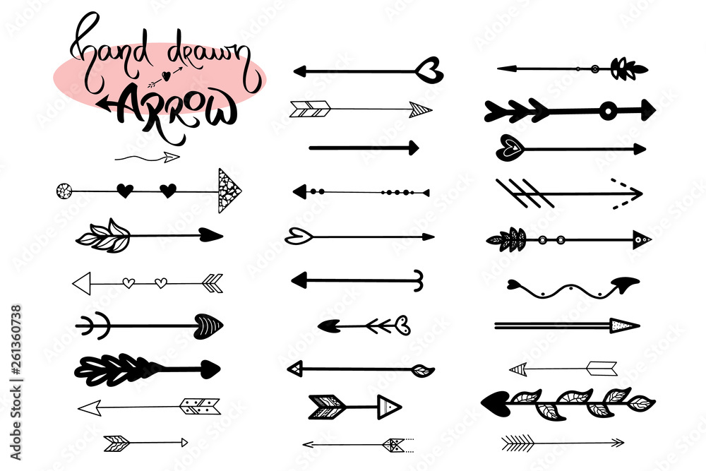 Hand drawn arrows icon vector on white background. Arrow set illustration. Black arrowhead vintage style. Cursor, orientation, abstract outline, forward, motion element. Doodle graphic collection. - obrazy, fototapety, plakaty 