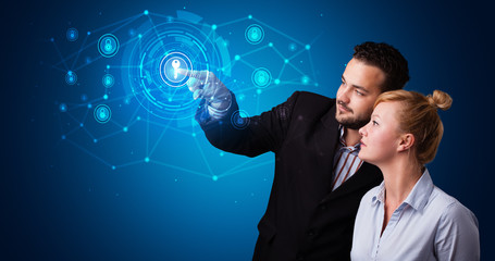 Poster - Man touching hologram screen displaying keys and locks