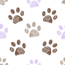 Seamless Pattern For Textile Design. Seamless Brown And Lilac Colored Paw Print Background