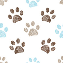 Seamless Pattern For Textile Design. Seamless Brown And Blue Colored Paw Print Background