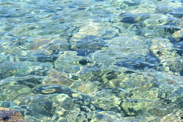 Texture of water. Abstract image of top view of shiny wave of clear sea water over sand beach, for beautiful background decoration of summer time. Game of light on the sea, sand beach . sea urchins.