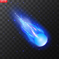 Wall Mural - Vector illustration of realistic falling comet. Isolated transparent background. Shooting star, meteor