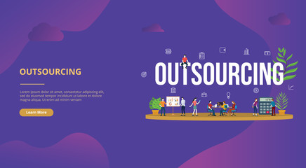 Poster - outsourcing business concept big text with people for website template banner design with modern purple color - vector