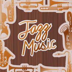 Sticker - jazz day poste with instruments and wooden background