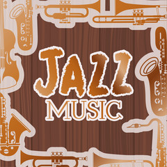 Sticker - jazz day poste with instruments and wooden background