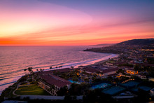 Aerial View Over Ocean In Dana Point, Orange County In Southern California After Sunset During Twilight.
