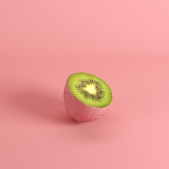 Wall Mural - Half of ripe green kiwi fruit with peel painted in pink isolated on pink background. Minimal fruit idea concept.