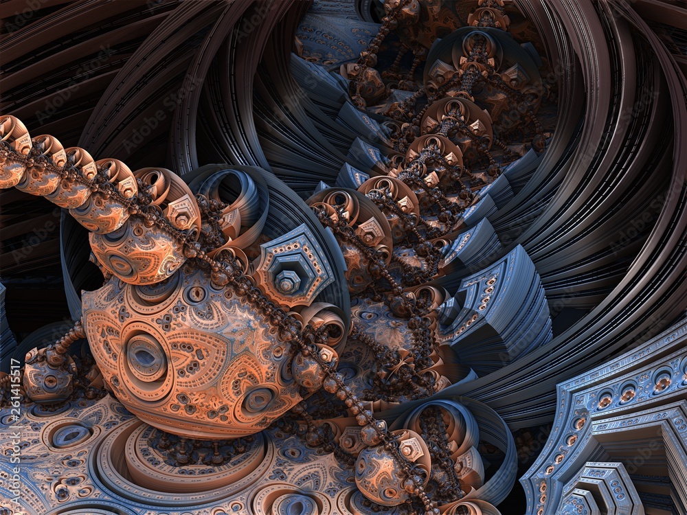Blue 3d fractal landscape - layered patterns on each side of the image, recursive array of curves lined up with different iterative complex geometric patterns. Blue and Orange color scheme