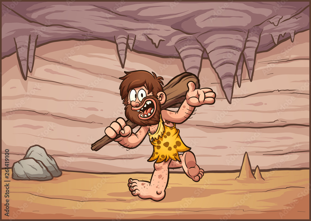 Cartoon caveman walking in a cave interior background clip art. Vector ...