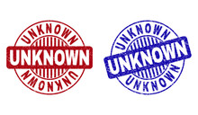 Grunge UNKNOWN Round Stamp Seals Isolated On A White Background. Round Seals With Distress Texture In Red And Blue Colors. Vector Rubber Imitation Of UNKNOWN Caption Inside Circle Form With Stripes.