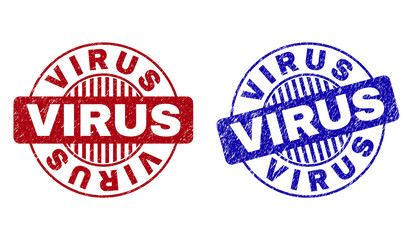 Grunge VIRUS round stamp seals isolated on a white background. Round seals with grunge texture in red and blue colors. Vector rubber watermark of VIRUS text inside circle form with stripes.