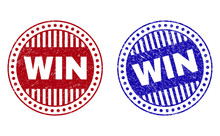 Grunge WIN Round Stamp Seals Isolated On A White Background. Round Seals With Grunge Texture In Red And Blue Colors. Vector Rubber Imprint Of WIN Text Inside Circle Form With Stripes.