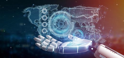 Poster - Cyborg hand holding a Technology interface 3d rendering