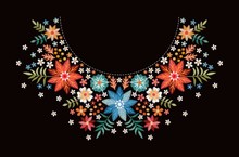 Embroidery Pattern With Beautiful Colorful Flowers For Neckline. Floral Design For Fashion Blouses And T-shirts. Ethnic Embroidered Ornament.