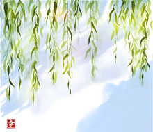 Green Willow Tree On Blue Sky Background. Traditional Japanese Ink Wash Painting Sumi-e. Sign - Eternity.