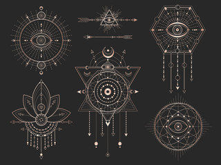 Wall Mural - vector set of sacred geometric symbols and figures on black background. gold abstract mystic signs c