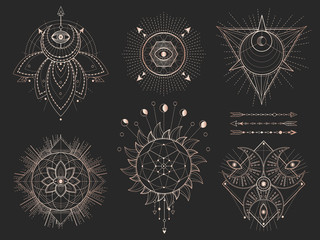 Wall Mural - Vector set of Sacred geometric symbols and figures on black background. Gold abstract mystic signs collection.